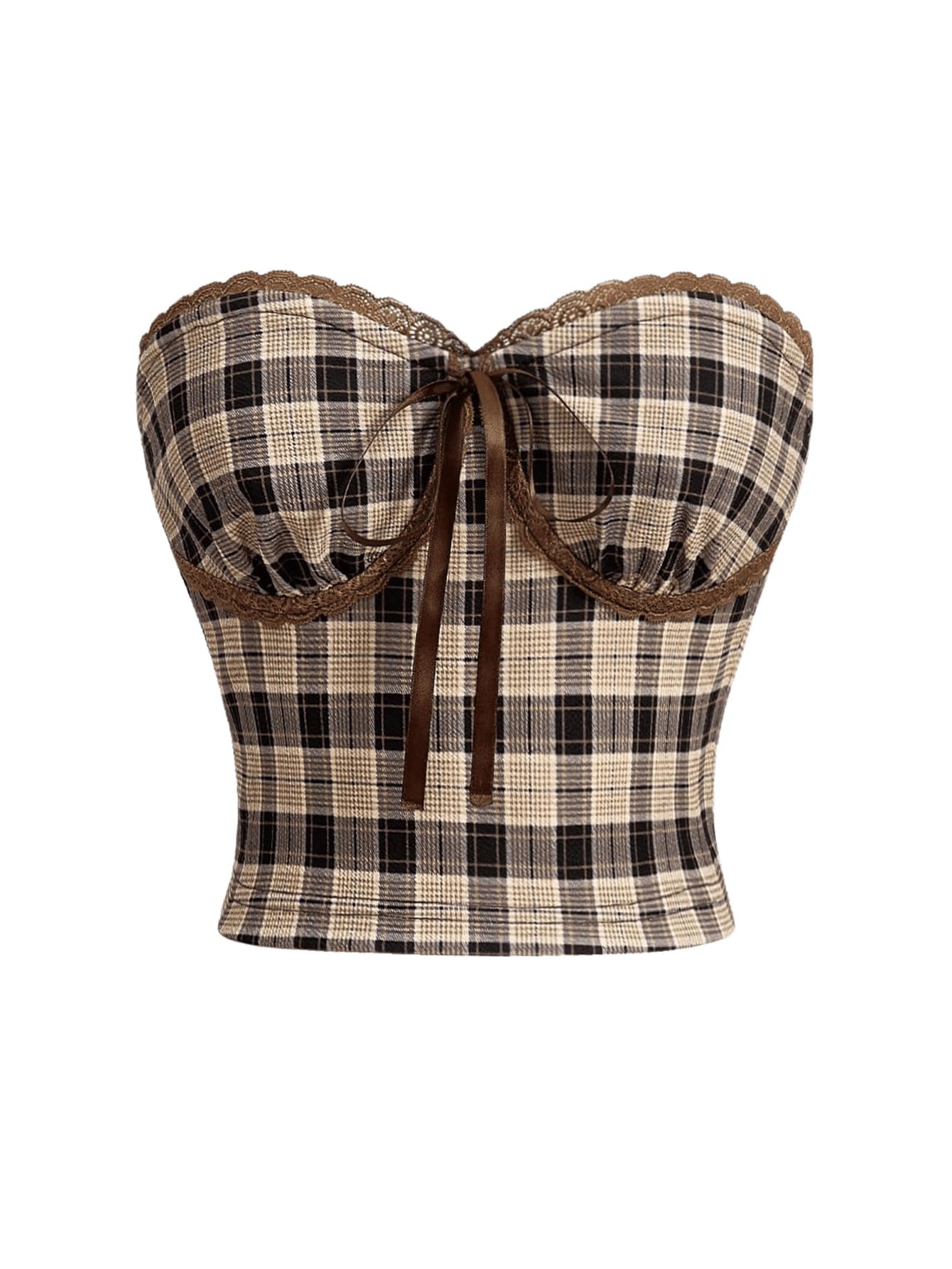 Photo 1 of Milumia Women's Vintage Plaid Tie Front Tube Top Strapless Contrast Binding Lace Trim Crop Bandeau Tops Multicolor