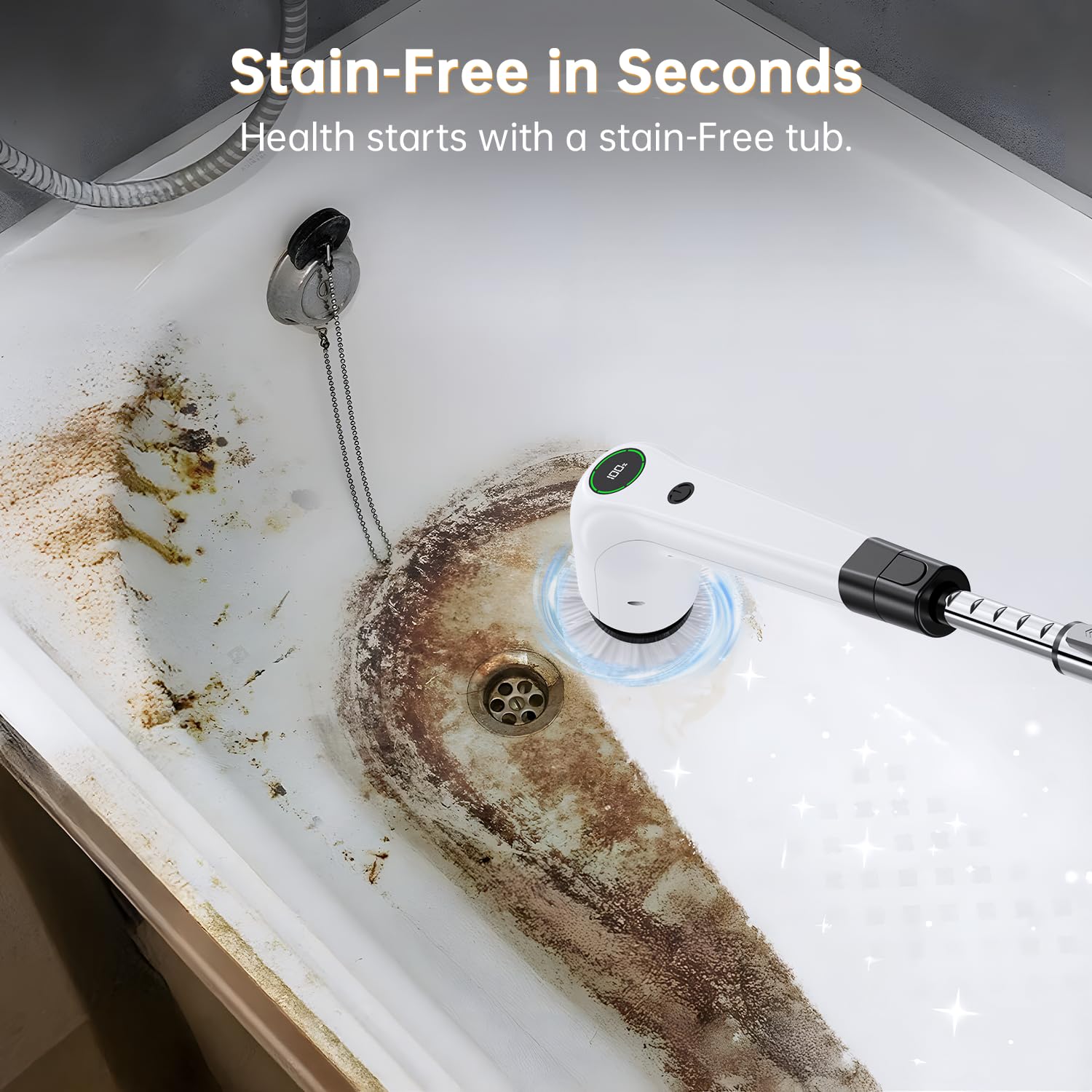 Electric Spin Scrubber, Cordless Shower Scrubber with 8 Scrub Brush, 2 Speed with Adjustable Extension Handle, Battery Level Display, Power Scrubber for Bathroom Bathtub Tile Floor, Black