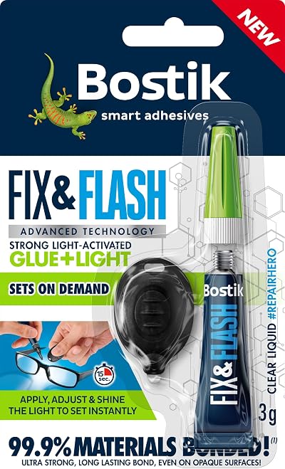 Bostik Fix & Flash Light Activated Glue Solvent Free Strong 3g Tube + Light