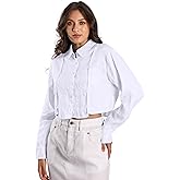 EELOTILE Womens Pure Linen Shirt Cropped Button Down Long Sleeve Trendy Blouse