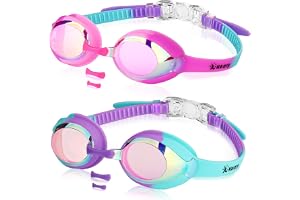 Keary Kids Swim Goggles Anti Fog & UV Girls Toddler Boys for 3-12 | 2 Pack Swimming Goggles for Kids Child with 3 Nose Pieces Soft Silicone Leak Proof Wide Clear View Clip Pool Racing with Case