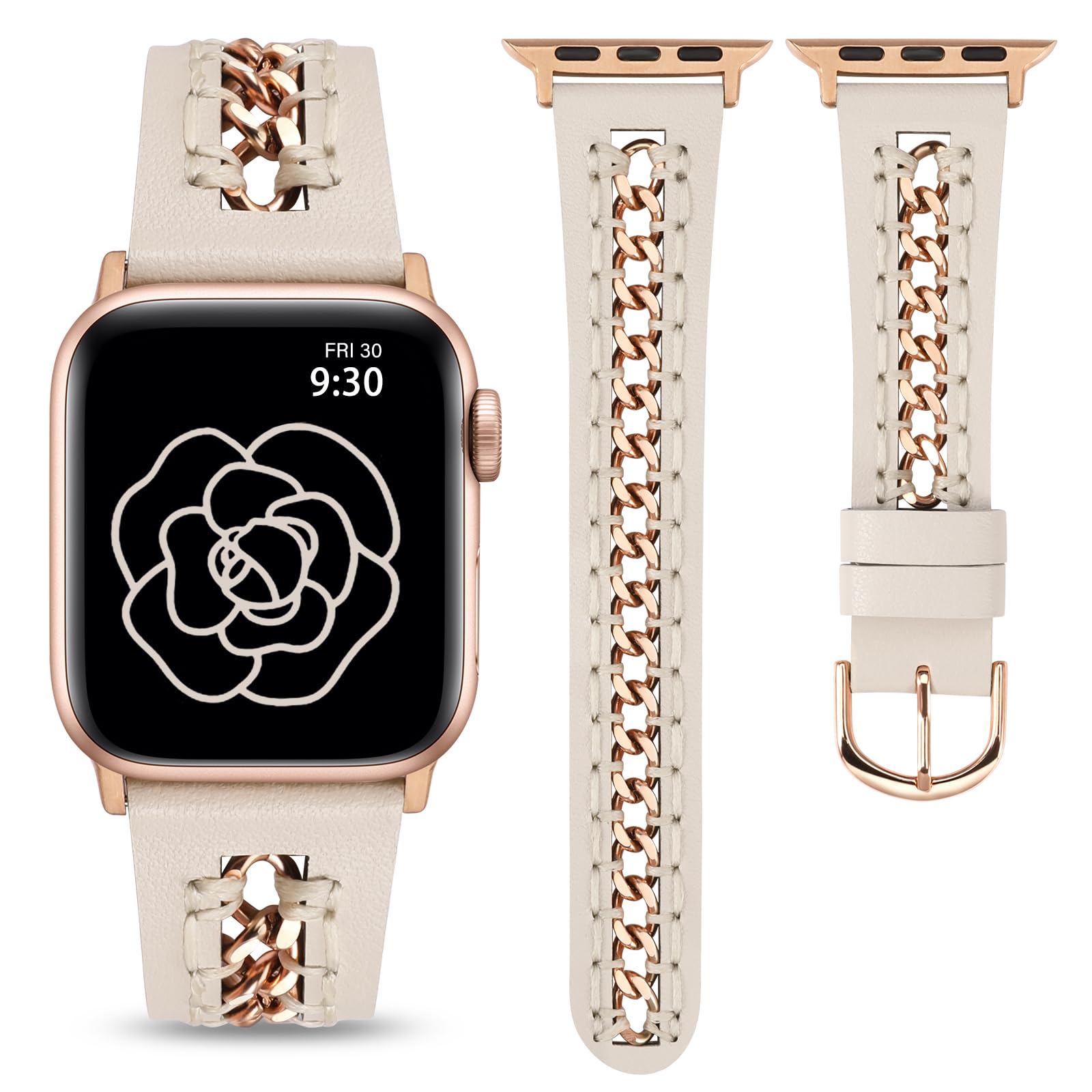 Minyee Leather Band Compatible with Apple Watch Bands 42/44/45/46/49mm Women,Dressy Leather Strap with Stainless Steel Metal Chain for iWatch Series 11 10 9 8 7 6 5 4 SE/Ultra 3 2,Starlight/Rose Gold