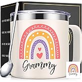 Lifecapido Grammy Gifts, 14oz Stainless Steel Insulated Coffee Mug with Spoon and Card, Grammy Gift Idea, Birthday Christmas Gifts for Women, Creamy
