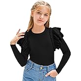 rrhss Girls Ruffle Long Sleeve Shirts Kids Cute Fitted Crew Neck Ribbed Knit Tops Clothes