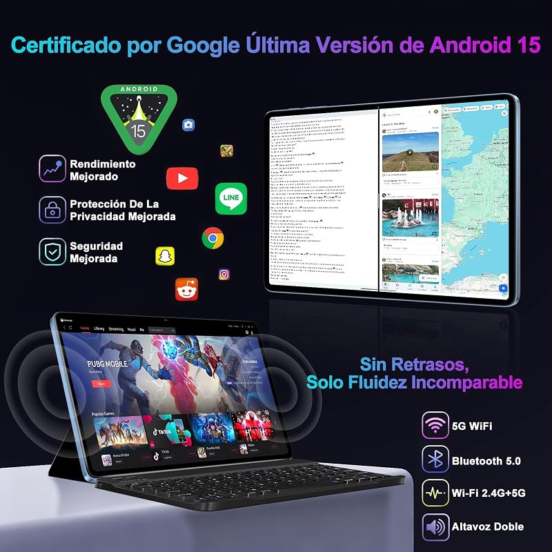 2026 Tablet 10 Pulgadas Android 15 con Gemini AI, 30GB RAM + 128GB ROM（TF 2TB）, Octa-Core 2.0GHZ, 8000mAh, GMS, Widevine L1, 5G WiFi 6 & BT 5.0, GPS, OTG, Tablet con Teclado y Raton-Azul — foto 3 de 8