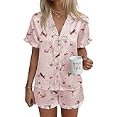 Ekouaer Satin Pajama for Women Short Sleeve Silky Pj Short Set Bow Front Tie Up Loungewear Sleepwear