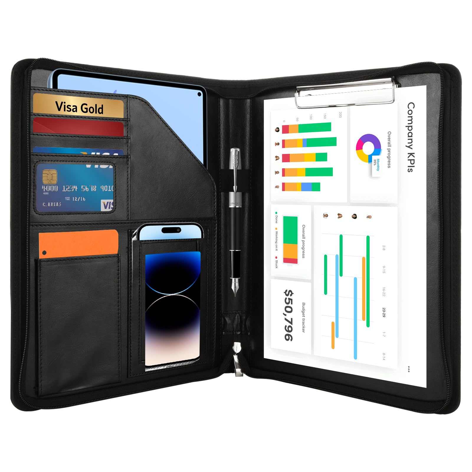 MUXHEL Conference Folder A4 Zipped Portfolio Folder A4 Leather Document Folder Black Leather Folders for Documents A4 Work with Clipboard, Pockets, Pen & Card Holder