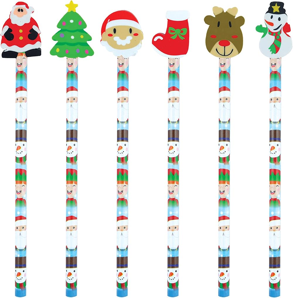 HENBRANDT Christmas Pencils with Eraser - 12 Pack Assorted Designs Colours