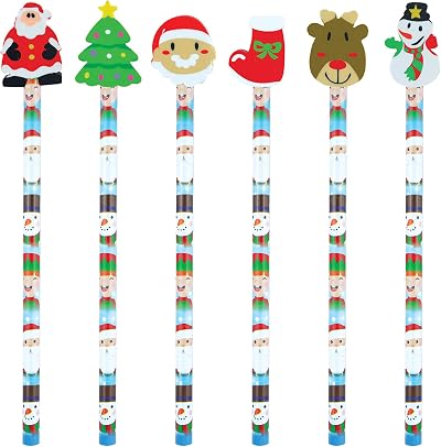 HENBRANDT Christmas Pencils with Eraser - 12 Pack Assorted Designs Colours