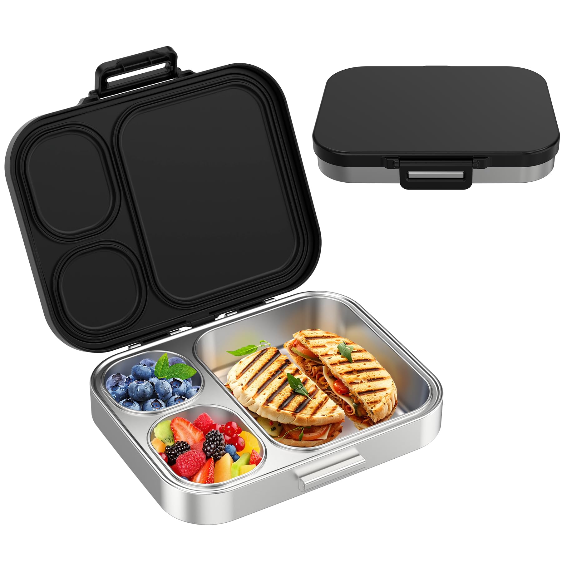 Photo 1 of Pawtong Stainless Steel Bento Lunch Box for Kids | 3-Compartment Lunch Box Container Kids | 100% Leakproof, Dishwasher-Safe, Eco-Friendly, Perfect Portion Control for Kids&Adult Healthy Meals (Black)