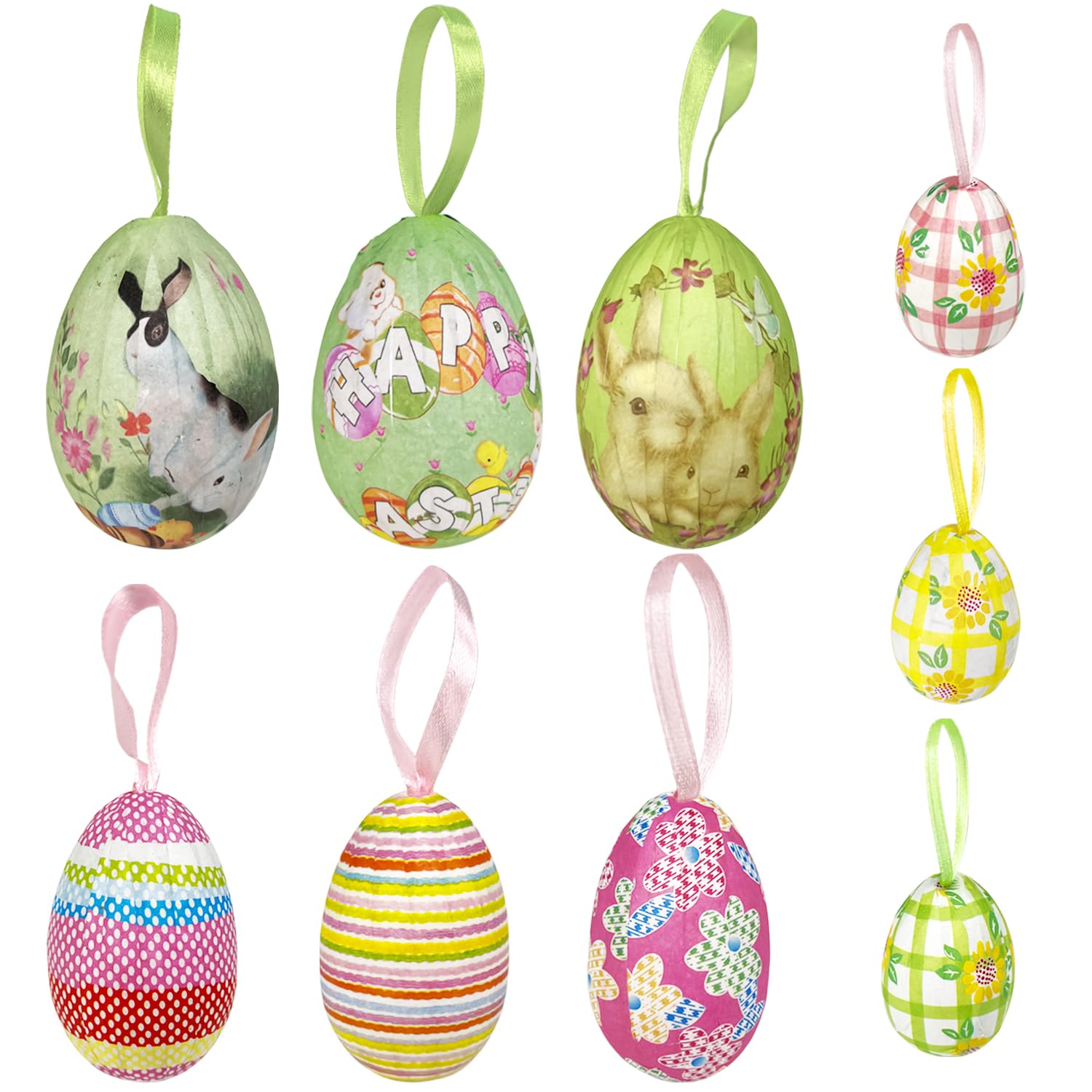 24Pcs Easter Hanging Eggs, Multicolored Assorted Sizes Foam Easter Egg Hanging Tree Ornaments, Decorative Painted Eggs DIY Crafts Ornaments with Various Style, Bunny Flower Patterns for Decoration