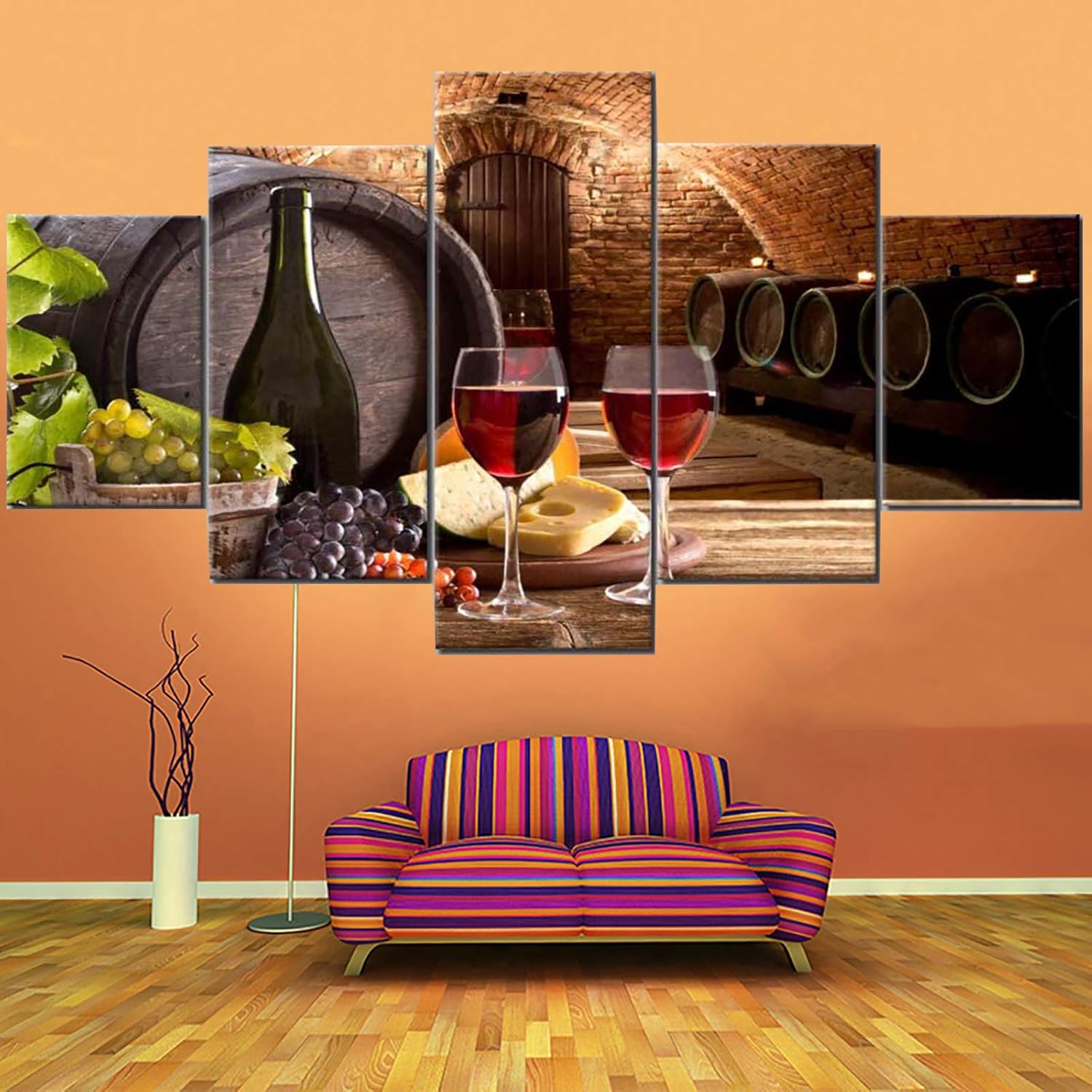 Fu-Keivy Wine Wall Decor for Dining Room Kitchen Grapes Wall Pictures Fruit 5 Piece Canvas Paintings Wall Art for Living Room Cellar with Wooden Barrel Artwork Giclee Framed Ready to Hang
