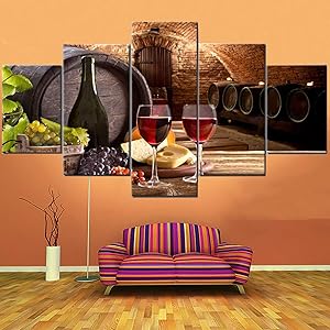 Fu-Keivy Wine Wall Decor for Dining Room Kitchen Grapes Wall Pictures Fruit 5 Piece Canvas Paintings Wall Art for Living Room Cellar with Wooden Barrel Artwork Giclee Framed Ready to Hang