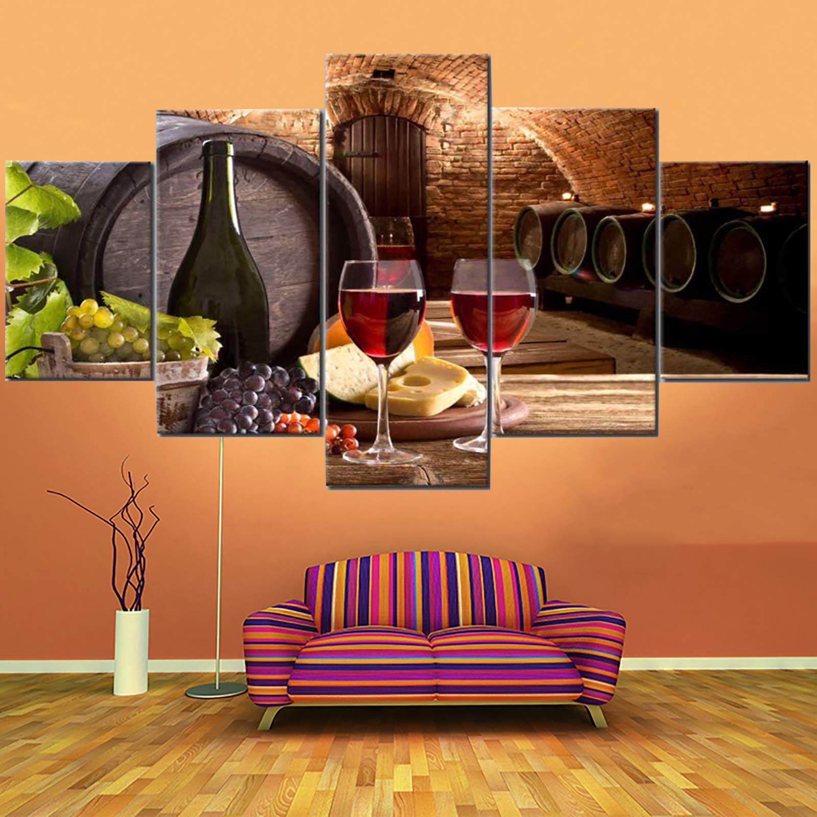 Fu-Keivy Wine Wall Decor for Dining Room Kitchen Grapes Wall Pictures Fruit 5 Piece Canvas Paintings Wall Art for Living Room Cellar with Wooden Barrel Artwork Giclee Framed Ready to Hang