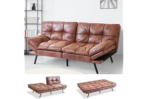 MUUEGM Futon Sofa Bed Couch Memory Foam Futon Convertible Couch Bed Sleeper,Modern Faux Leather Love Seat Daybed Sofa for Living Room,Small Space,Office,Adjustable Armrests Backrests,Brown