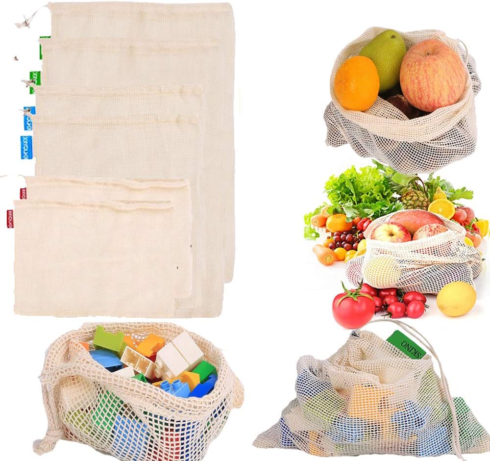6pcs Reusable Vegetables Fruit Veg Mesh Produce Bag Organic Grocery Toy Cotton Reusable Bags Eco Friendly Grocery Storage Shopping Food Bags with Drawstring Washable (2 x S, 2 x M, 2 x L)