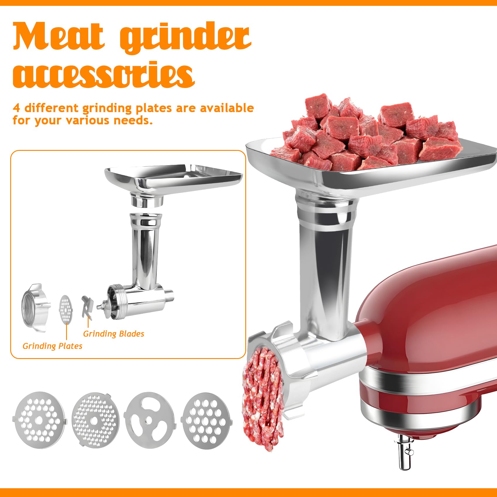 Metal Meat Grinder Attachment for Kitchen Aid Stand Mixers, Meat Grinder Attachment Replacement Includes 3 Sausage Stuffer Tubes, 4 Grinding Plates, 3 Grinding Blades, Screw, Front Cover