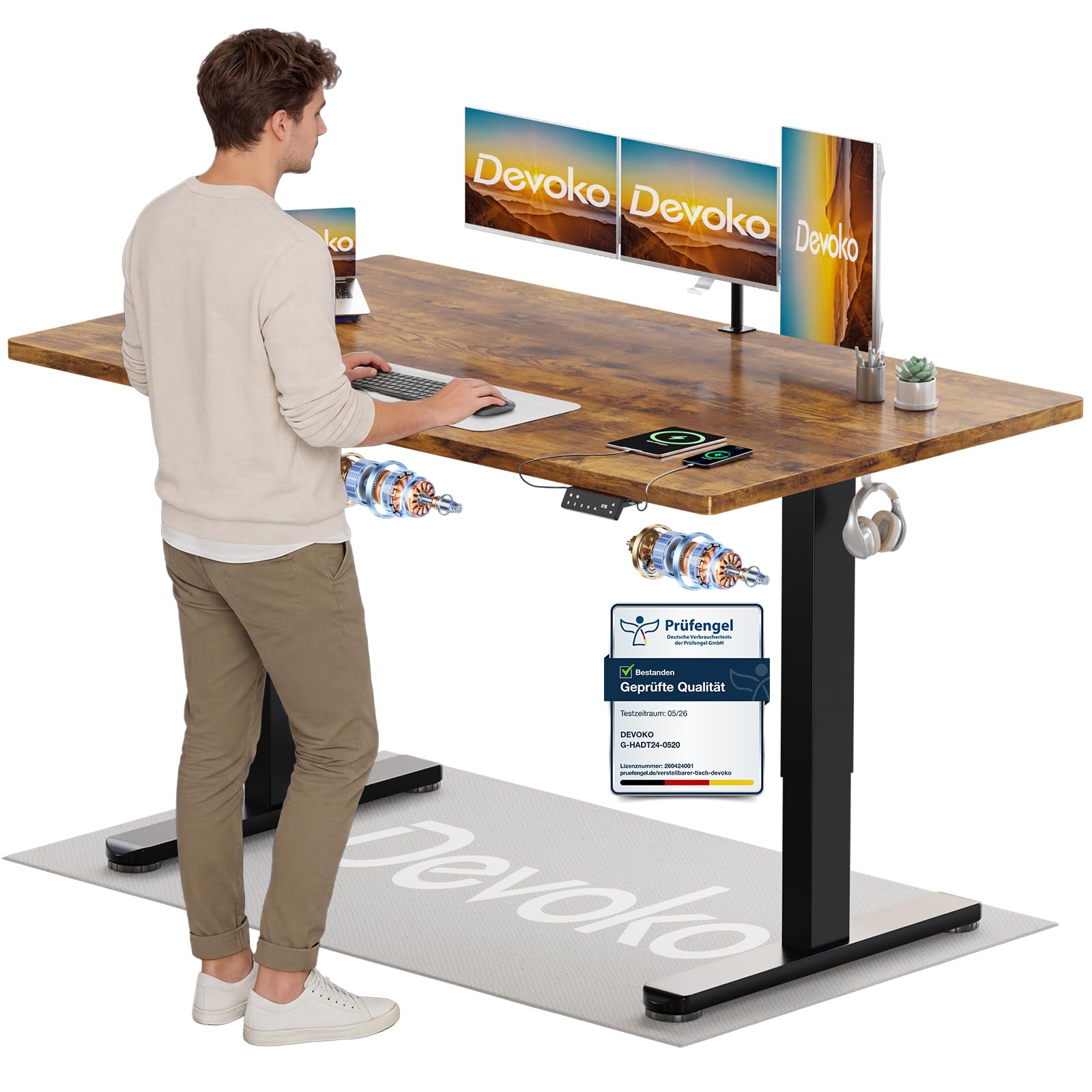 Devoko Höhenverstellbarer Schreibtisch mit 2 Motoren，25mm Einteilige Tischplatte, 160x80 cm Elektrisch Computertisch mit Kabel Management, Vintagebraun - Perfekte Ergonomie für Dein Büro