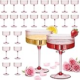 CALBODE 24Pcs Plastic Martini Glasses with Detachable Stems, 10oz Plasitc Ribbed Champagne Coupe Glasses Pink Martini Glasse Champagne Tower for Valentine's Day Wedding Bridal Shower Party Anniversary