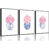 3Pcs Pink Peonies Watercolor Wall Art Rose Floral Porcelain vase Painting Pictures Chinoiserie Blue and White Vase Canvas Prints Wall Decor For College Style Bedroom Aesthetic Posters Unframed