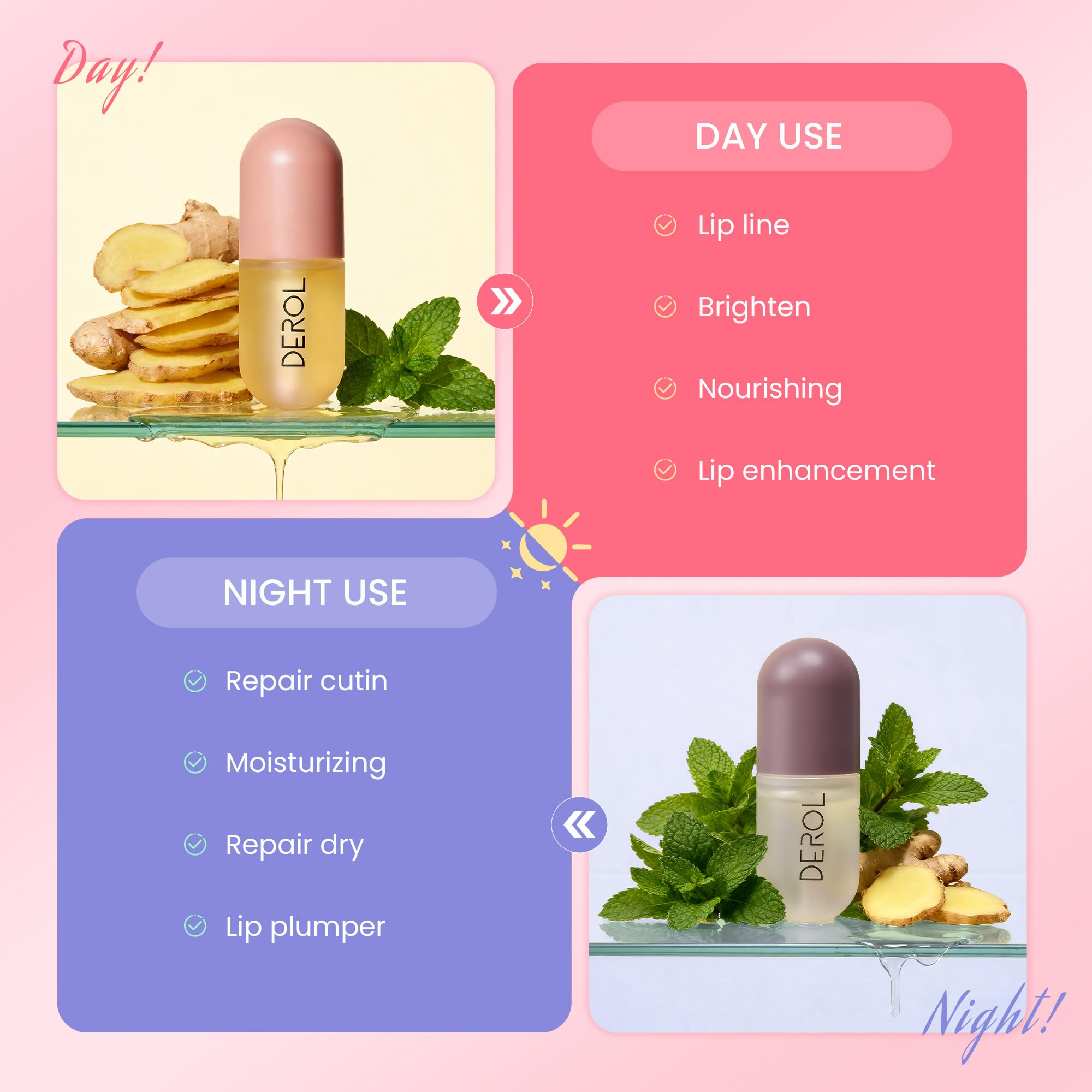 DEROL Lip Plumper by Vafee, Natural Lip Plumper and Lip Care Serum, Lip Enhancer for Fuller, Lip Mask, Beautiful Fuller, Hydrating & Reduce Fine Lines 5.5ML (Day& Night)