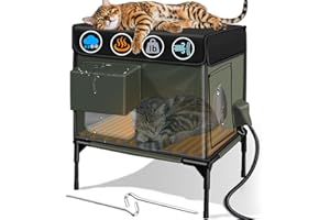 LUBLACET Heated Cat House for Outside Cat Insulated in Winter,Fully Waterproof,with Adjustable Awning,Escape Door,Indoor Outdoor Cat Shelter for Feral Stray Barn Cat to Stay Warm & Dry,Olive/Black,S-13x17x20in