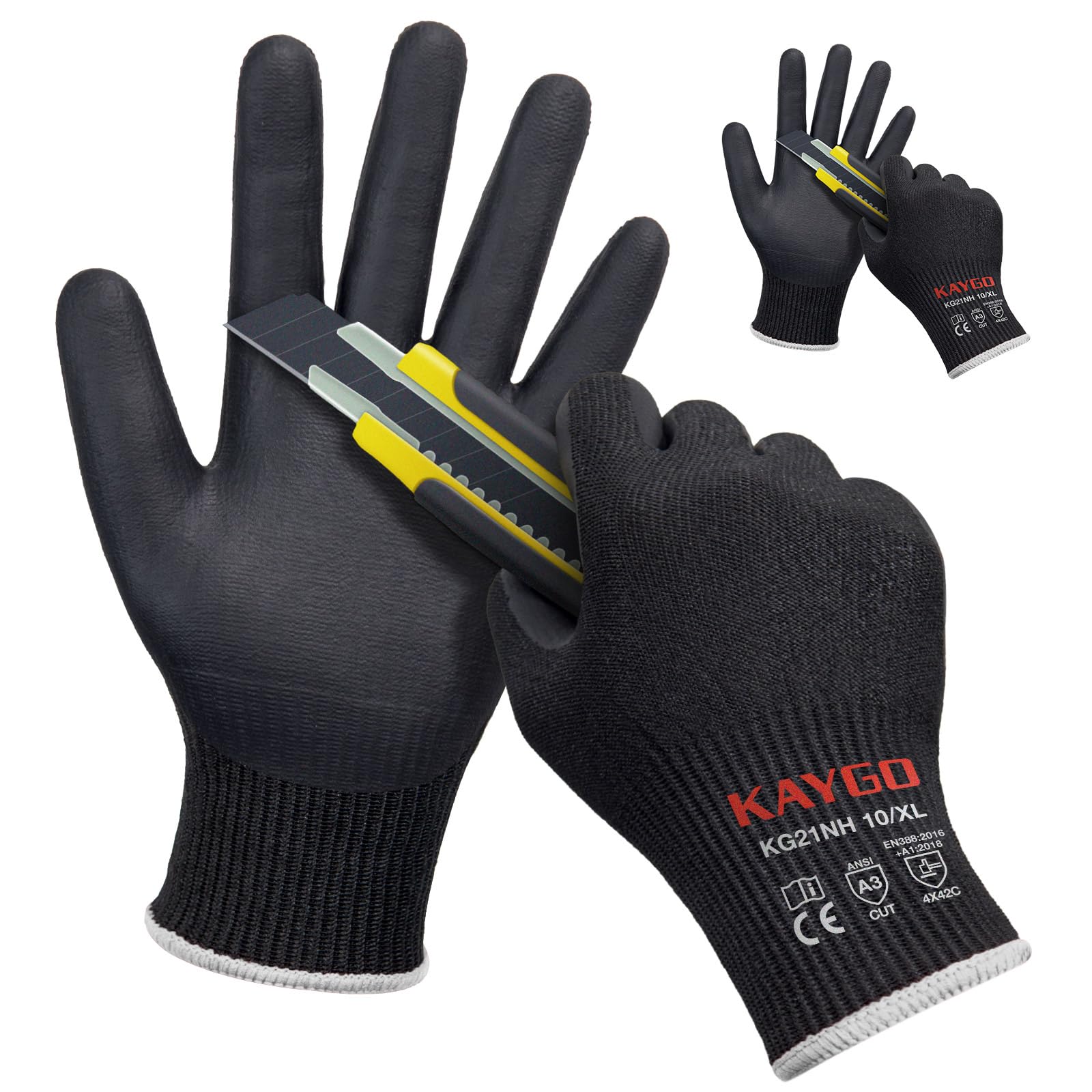 KAYGO Cut Resistant Work Gloves - 2 Pairs, Level C Protection, MicroFoam Nitrile Coated Good Grip Machine Washable, Cut Proof Safety Gloves EN388 4X42C, Ideal for Construction DIY, KG21N (Black, XL)