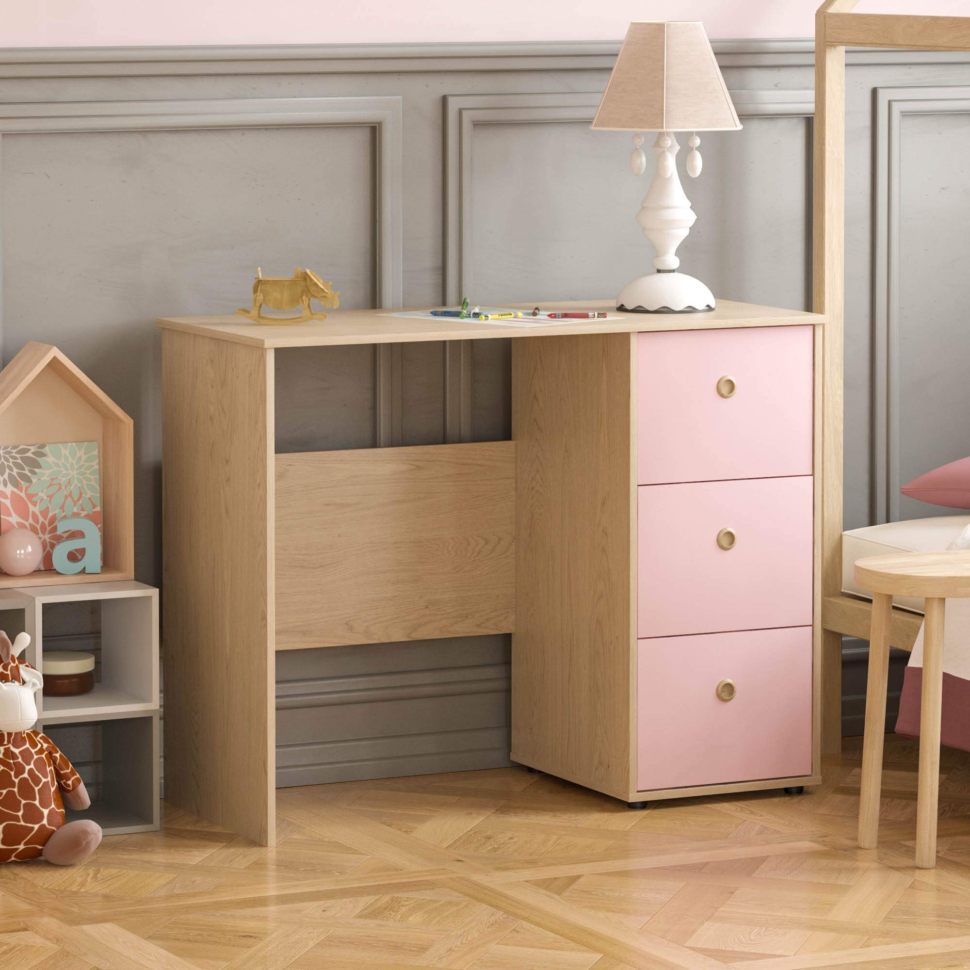 Junior Vida Neptune 3 Drawer Desk Computer Dressing Table PC/Laptop Home Study Workstation Children Kids Furniture (Pink & Oak)