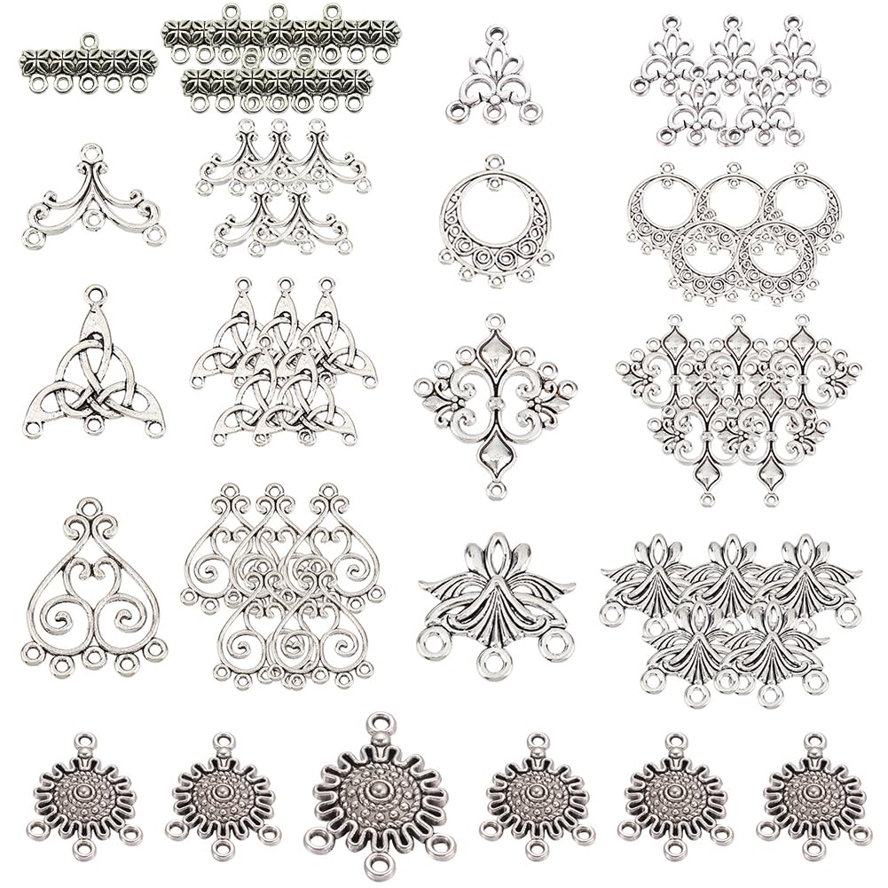 SUNNYCLUE 1 Box 54Pcs 9 Style Chandelier Connector Charms Component Links Alloy Hollow Filigree Pendants Flat Round Teardrop Triangle Shape for Jewellery Making Earring Supplies,Antique Silver
