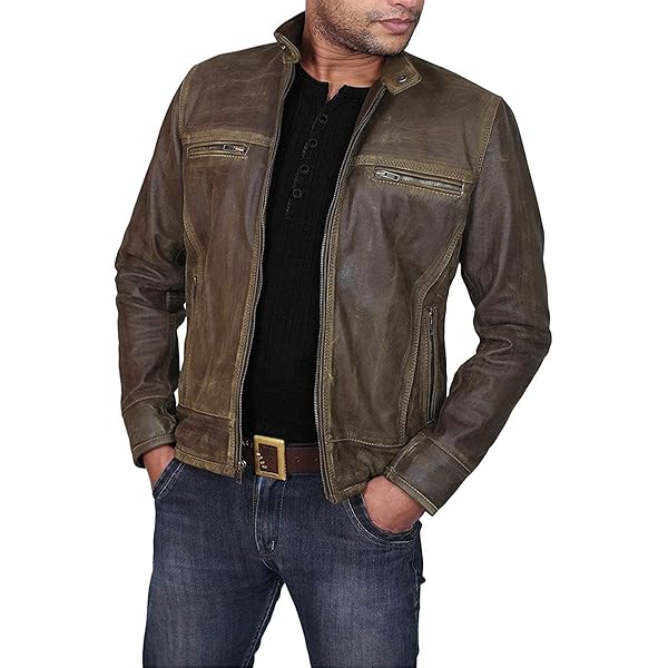 Men Distressed Brown Genuine Cowhide Skin Leather Jacket at