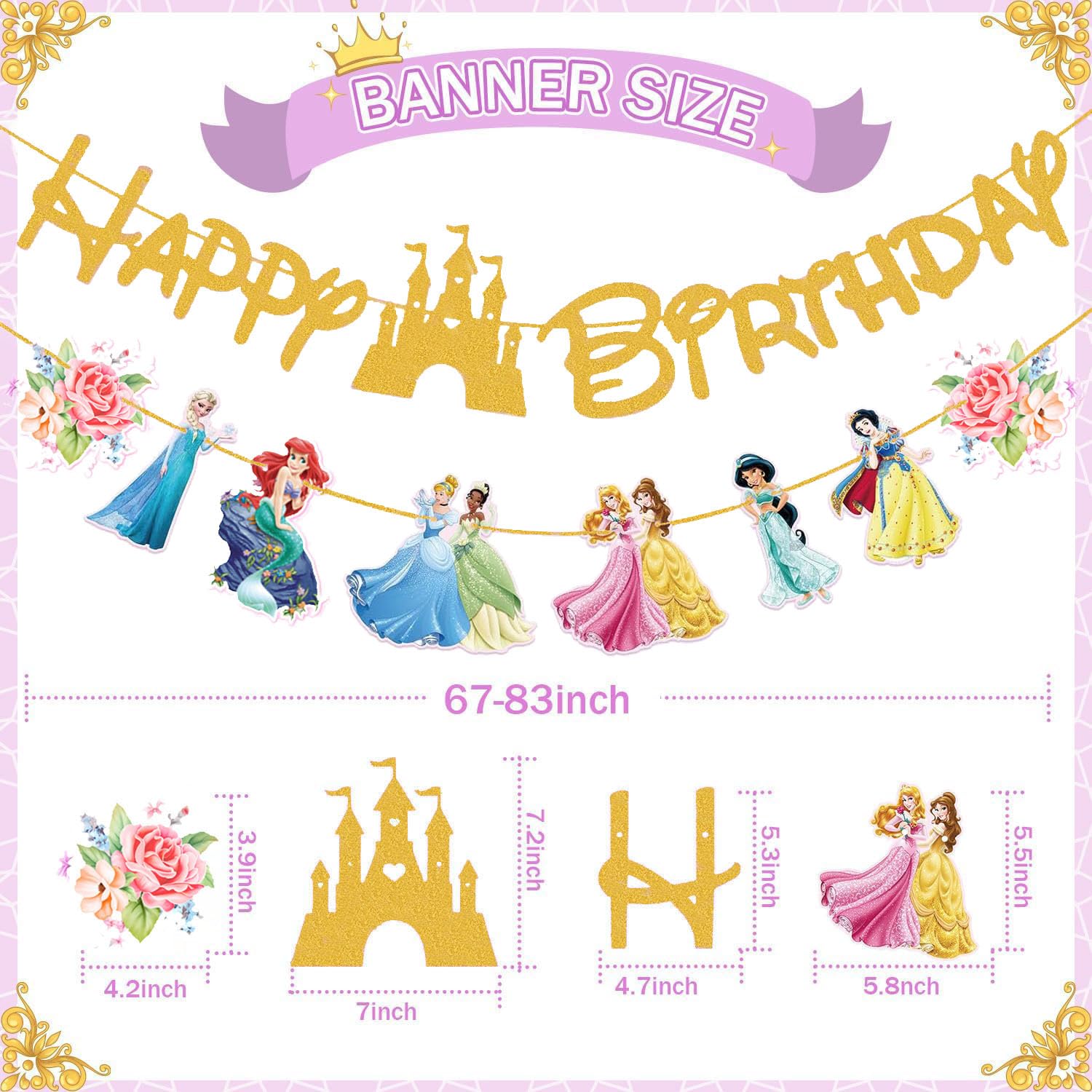 Gold Princess Birthday Banner for Girls, Princess Birthday Party Decoration For Girls Kids Party Baby Shower Decorations