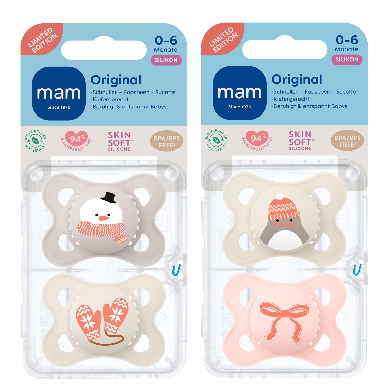 MAM Original Dummy 0-6 Months Girls Rose, Skin Soft Silicone, Sustainable Materials, Pack of 4, incl. 2 Travel Boxes