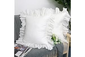 LEMFUX Ruffle Pillow Case 18x18 Inch, Set of 2, Cotton Ruffle Euro Shams with White Lace Ruffles Rustic Farmhouse Lace Shabby Soft Breathable Bridal Pure White,European, White