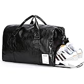 Leather Travel Bag with Shoes Compartment & Wet Pocket, Sports Gym Tote Bag Travel Duffel for Men & Women, Overnight Weekender Bag Waterproof Leather Large Carry On Bag