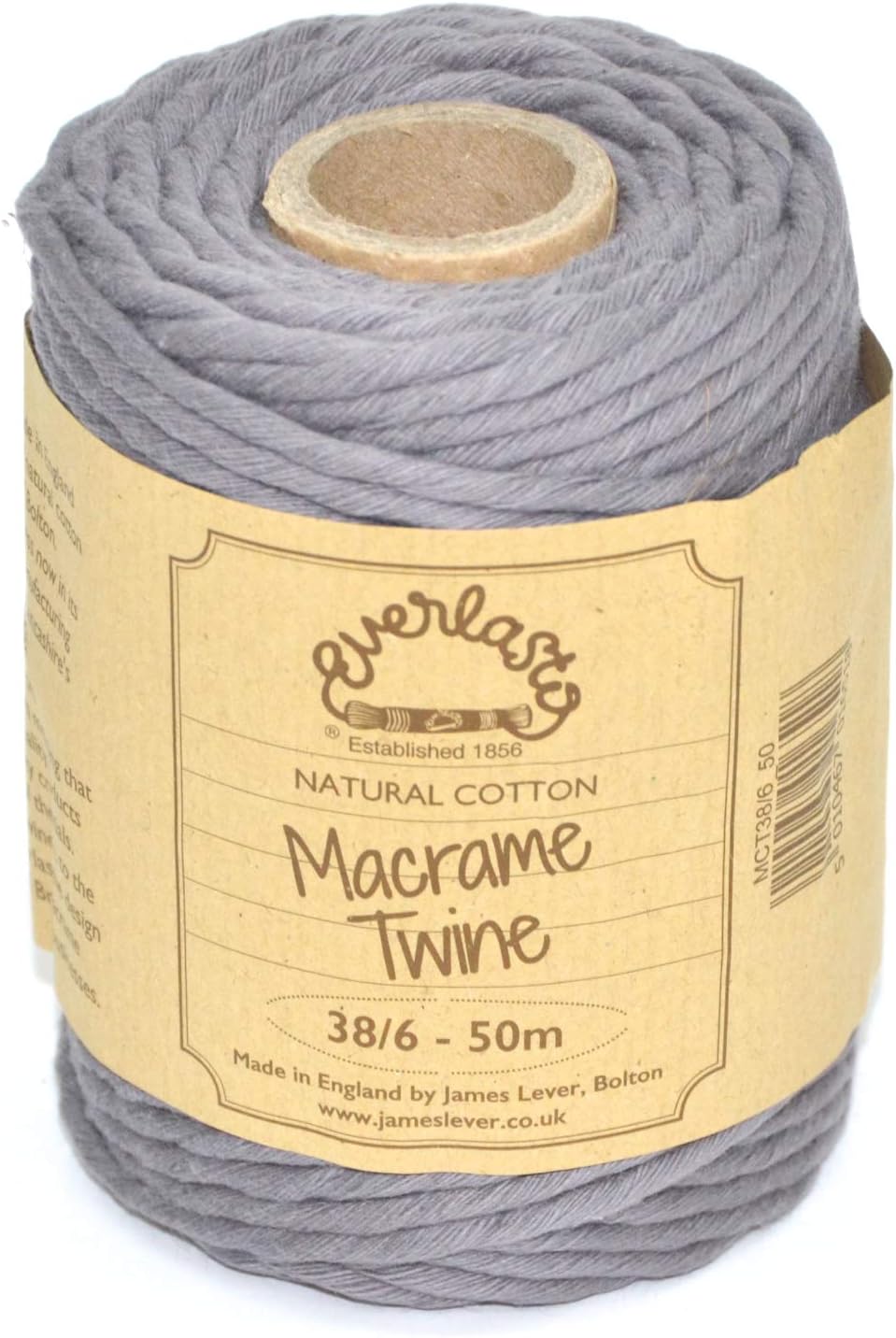 50M Spools - Everlasto Single Twist Soft Cotton Coloured Macrame Craft Twine 38/6 (4mm approx) (Lakeland Slate)