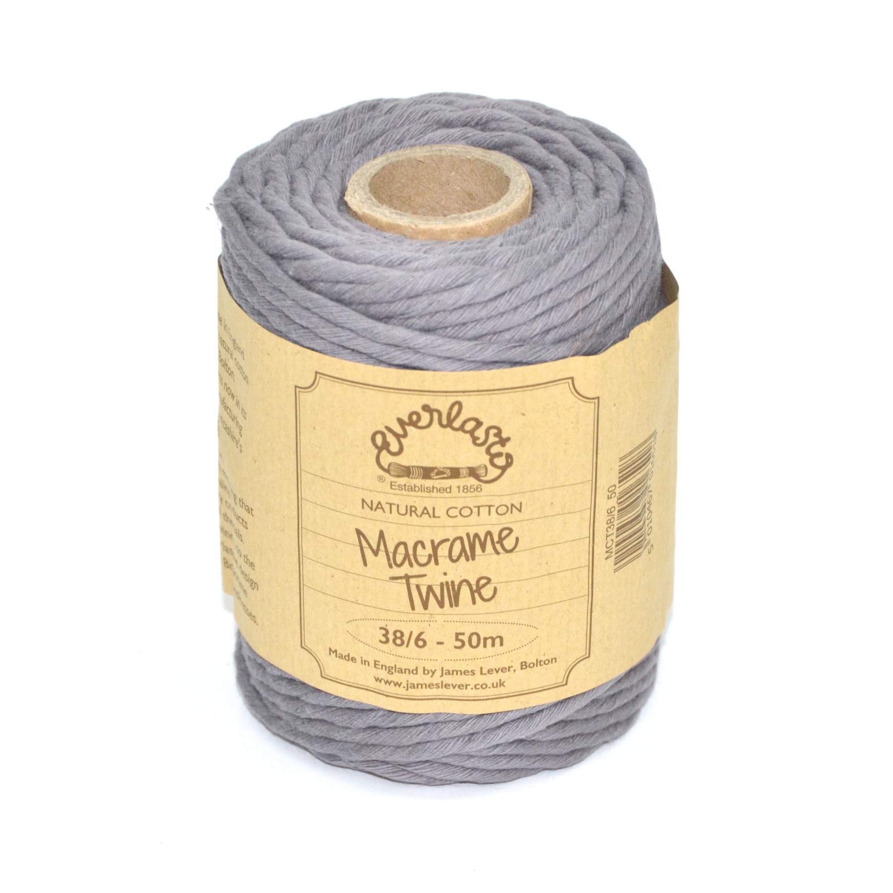 50M Spools - Everlasto Single Twist Soft Cotton Coloured Macrame Craft Twine 38/6 (4mm approx) (Lakeland Slate)