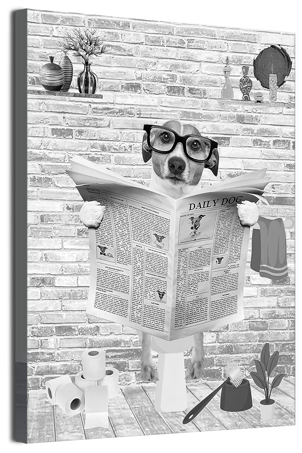 MKHFUW Newspaper Animal Toilet Animal Canvas Poster Art Print, Funny Bathroom Black and White Wall Art, Frameless (Dog, 50 x 70 cm)