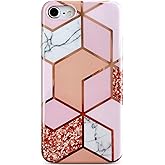 Qokey for iPhone SE/8/7 Case,Pink Glitter Marble Design for Girl Woman Man, Electroplated Pattern Soft Bumper Shockproof Phone Cover for iPhone SE/8/7 4.7",Bling Grid Marble
