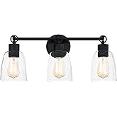 Quoizel Seaton Vanity Light, 21.5 Inch 3-Light Matte Black Finish with Clear Seedy Glass Shade Light for Bathroom, Bedroom, o