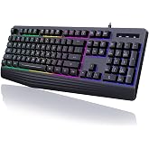 Gaming Keyboard Wired, 7-Color Backlit, 104 Keys Quiet Light Up, Wrist Rest | Rainbow LED Backlit, Wrist Rest, Whisper Silent, Anti-ghosting Multimedia Keys, Waterproof USB Wired Keyboard for PC Mac Xbox