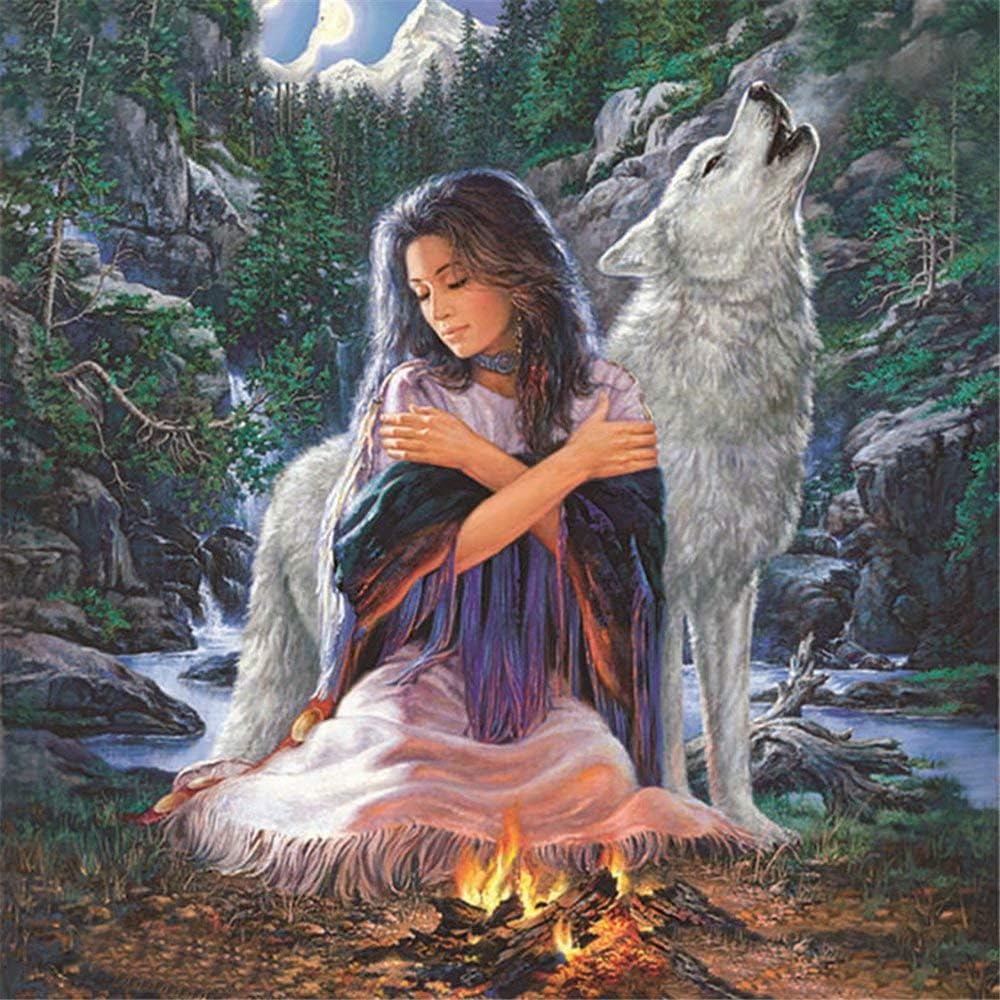 5D Diamond Painting Kit Diy Craft Set Full Drill Round - Native American Woman and Wolf Artist, Drill Area, Canvas, Tweezers, Quality Fabric£¨15.7 X 15.7 Inch£©