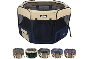 EliteField 2-Door Soft Pet Playpen (2 Year Warranty), Exercise Pen, Multiple Sizes and Colors Available for Dogs, Cats and Other Pets (36" x 36" x 24"H, Beige+Navy Blue)