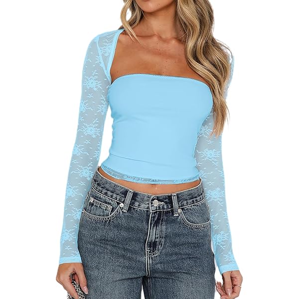 Women Y2k Square Neck T-Shirt Long Sleeve Lace Trim Crop Top