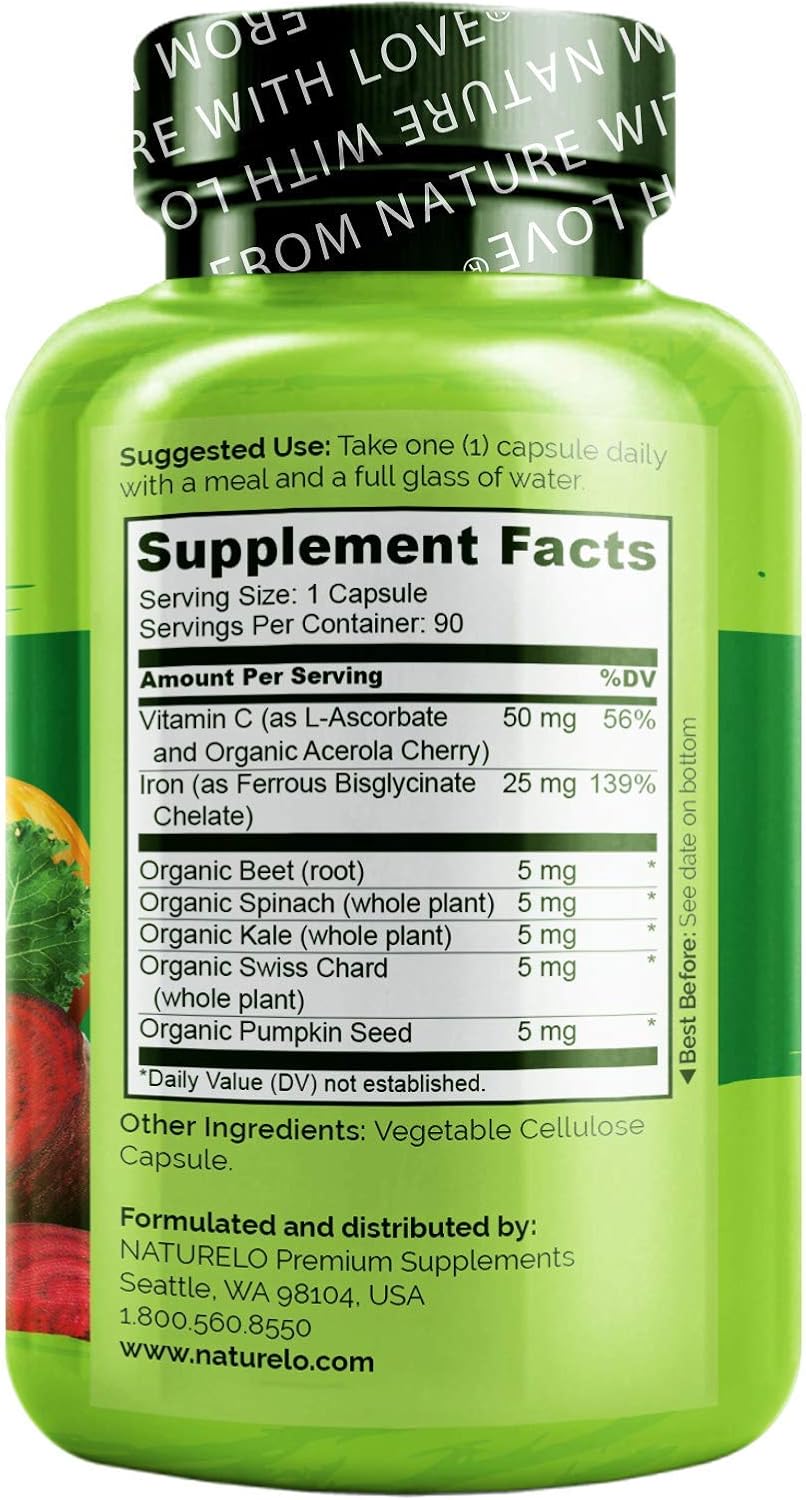 NATURELO Vegan Iron Supplement with Whole Food Vitamin C - Best Natural Iron Pills for Women & Men w/Iron Deficiency Including Pregnancy, Anemia and Vegan Diets - 90 Mini Capsules: Health & Personal Care