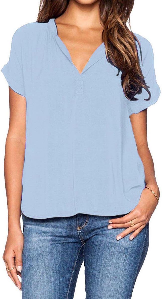 roswear Women's Casual Blouse V Neck Short Sleeve Top Shirts