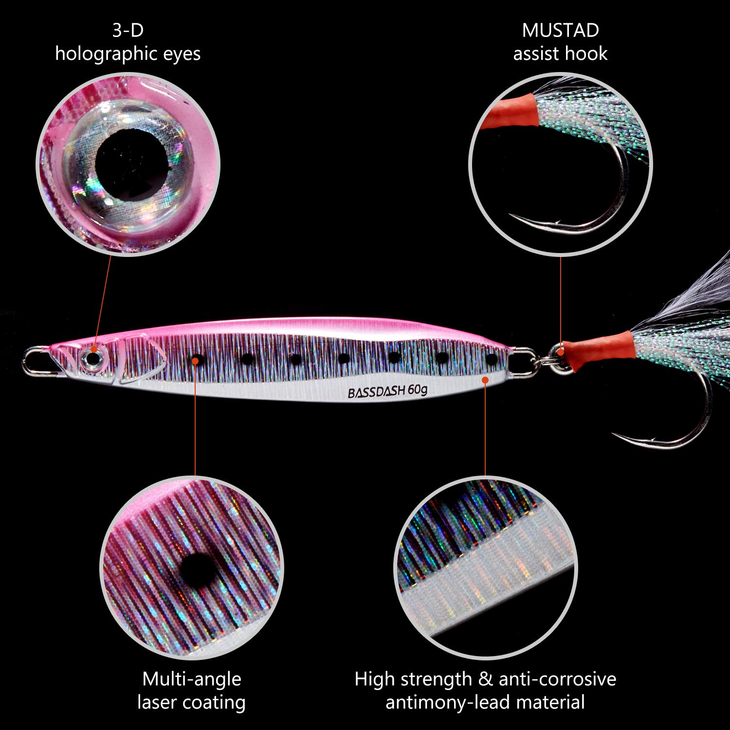 BASSDASH STIX Casting Jig Lure Vertical Slow Jigging Lures 1.4oz 2.1oz with Mustad Hooks 2/0 3/0 for Saltwater Freshwater Kayak Boat Shore Fishing, 3-Pack (3-Pack (CFR), 40 Grams (1.4 oz)) - view 5