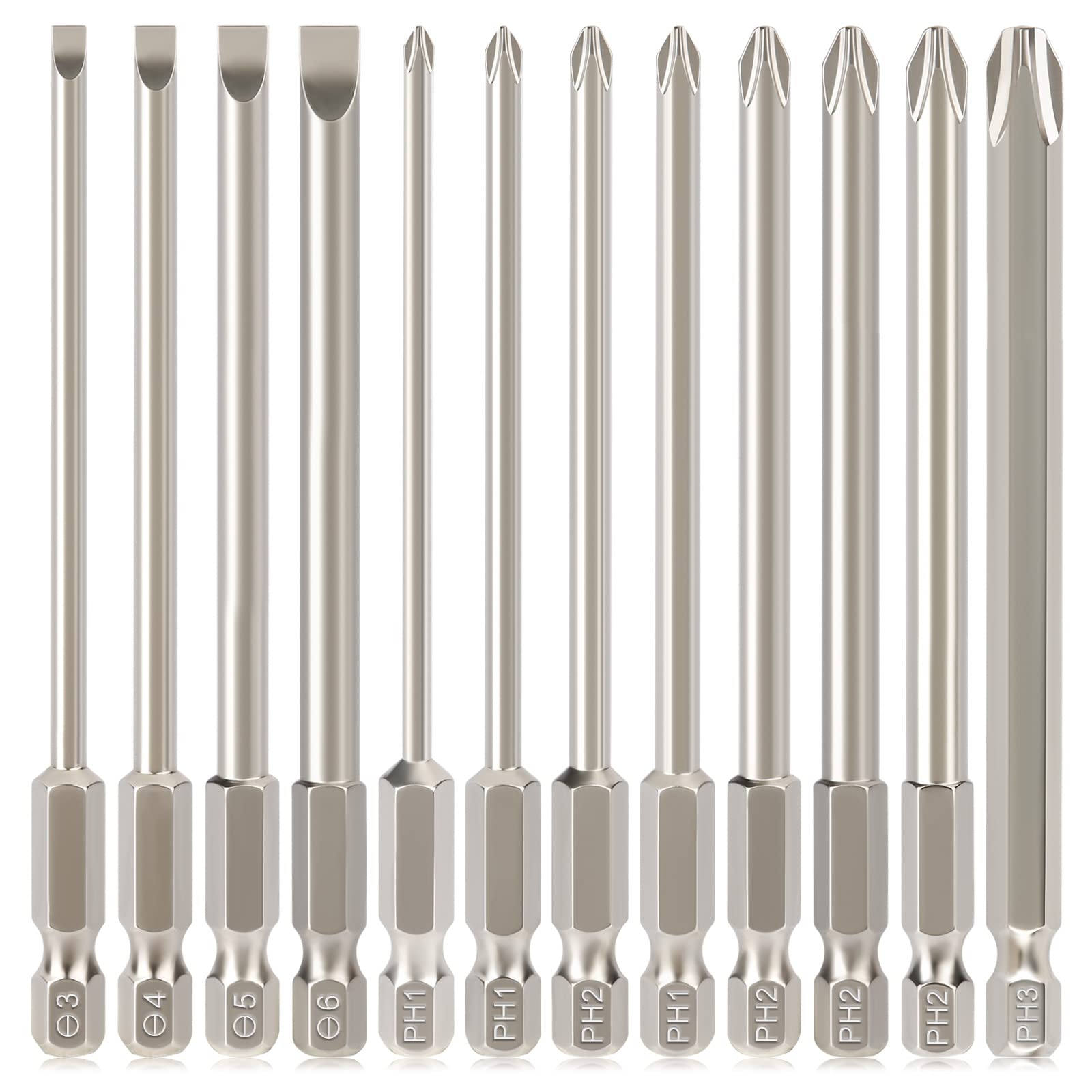 Hakkin 12Pcs 100mm Long Magnetic Flat Slotted Phillips Cross Head Screwdriver Bit Set S2 Steel 1/4” Hex Shank Screw Driver Impact Drill Bits for Furniture Assembly