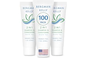BERGMAN KELLY - Travel Size 2 in 1 Shampoo & Conditioner - 1 fl oz, 100 PK, White Tea - Delight Your Guests w/Revitalizing & Refreshing Shampoo Amenities, Quality Small Size Hotel Toiletries in Bulk