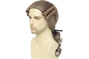 Lotfon Judge Colonial Long Wave Wigs for Men,Historical Colonial Costume,George Washington Wig,Funny Crazy Wig(Light Brown)