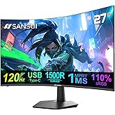 SANSUI Curved Monitor 27 inch 120Hz USB Type-C Computer Monitor with Speakers Built in丨FHD 1080p丨HDR丨110% sRGB丨1500R丨VESA Compatible,for Tablet,Desktop,Laptop and PC Work Gaming